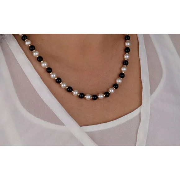 14k Yellow Gold Freshwater Pearl, Onyx, Gold Bead Strand Necklace 19.25" - Picture 2 of 8